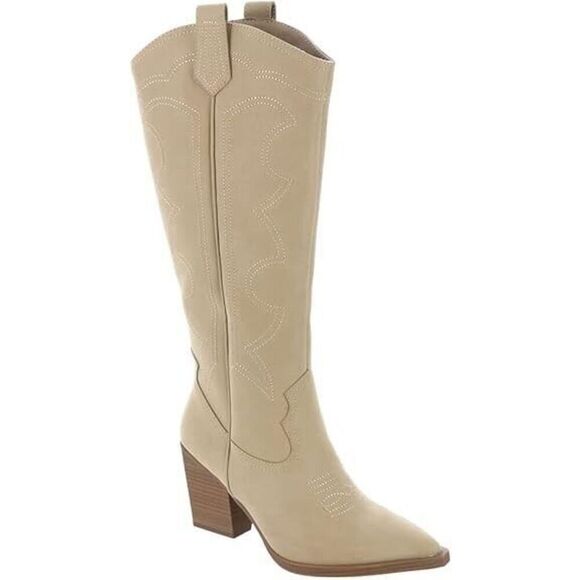 MIA Shoes - MIA Tex Western Boot Women's 6 Beige Leather Tall Block Heel Riding Boots FZP108